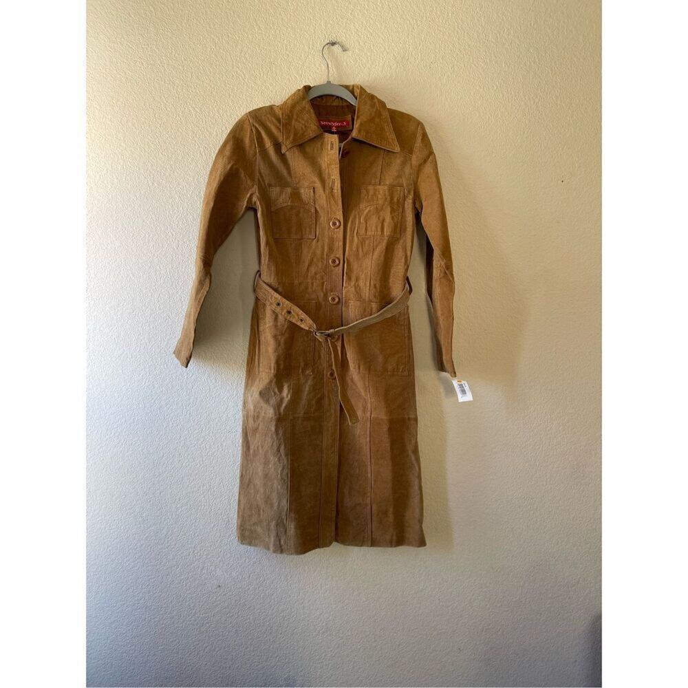 Vintage nwt suede leatherāy2k 90s tan long coatā size xs